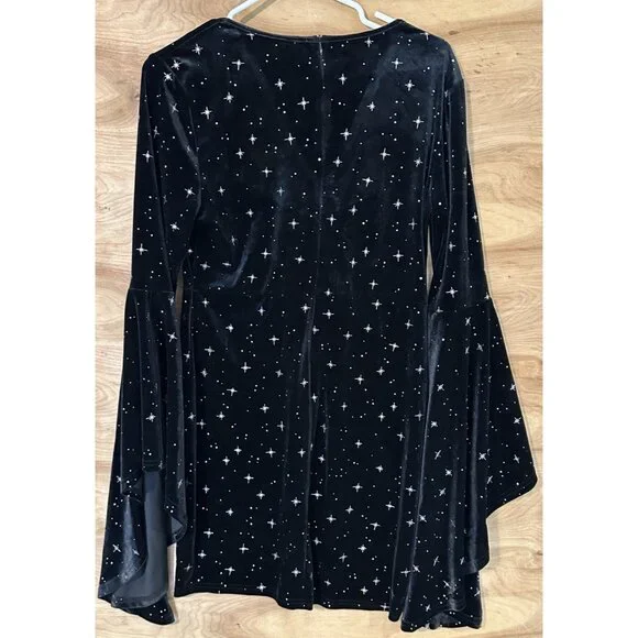 Cider Velvet V Neck Flare Bell Sleeve Sun Moon Celestial Dress Black SZ L - Picture 3 of 9